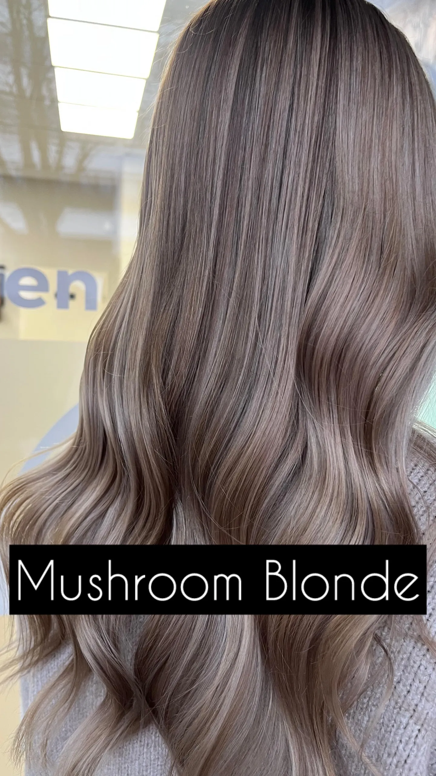 Lange Wellen in aschigem Mushroom-Blond mit weichem Ansatzverlauf, von hinten; unten steht die eingeblendete Bildunterschrift „Mushroom Blonde“.