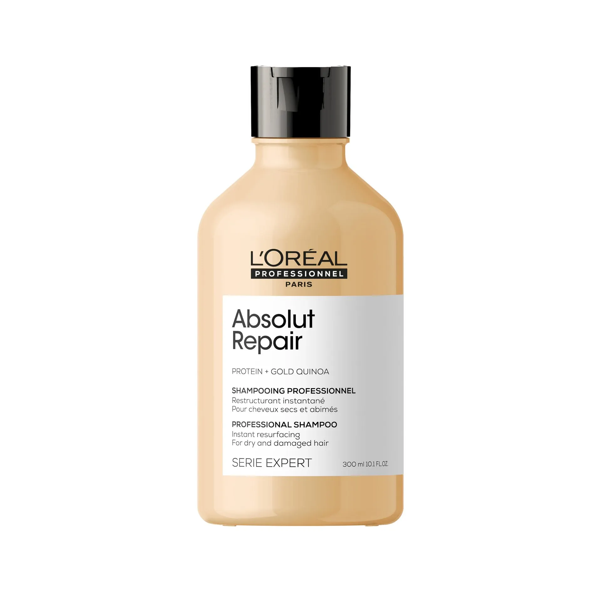 Produktfoto einer weißen L’Oréal-Professionnel-Flasche der Serie Expert mit goldener Beschriftung, freigestellt vor hellem Grund.