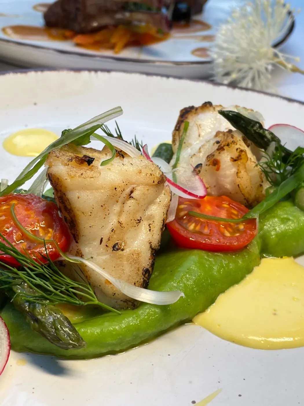 Gegrilltes weißes Fischfilet auf grünem Erbsenpüree mit Kirschtomaten, Radieschen und Kräutern.